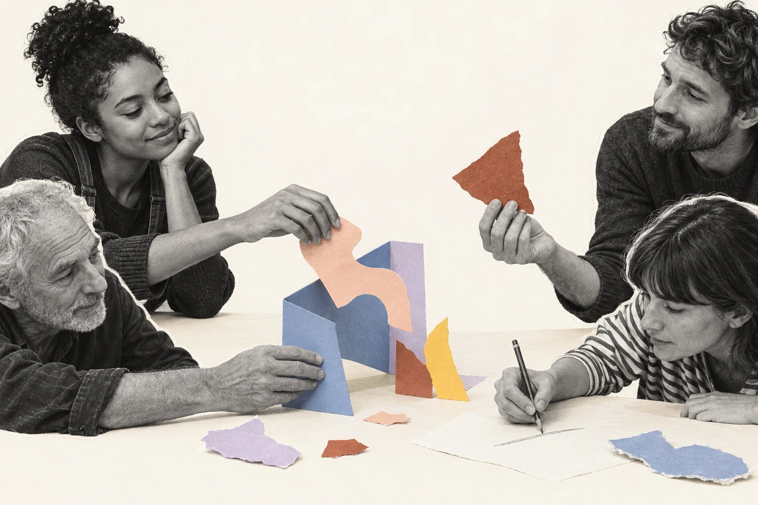 Pessoas de diferentes gerações a construir uma ideia com recortes, dobras de papel e desenho, numa colagem conceptual.