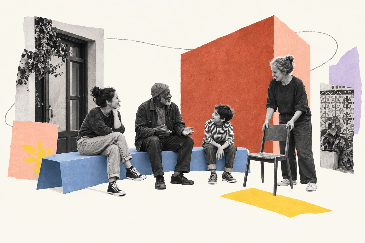 Colagem conceptual de um pequeno lugar de encontro, com pessoas, bancos e fragmentos de arquitetura.
